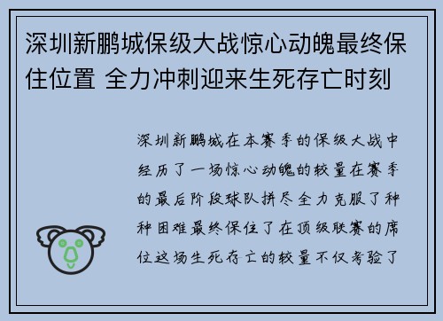 深圳新鹏城保级大战惊心动魄最终保住位置 全力冲刺迎来生死存亡时刻