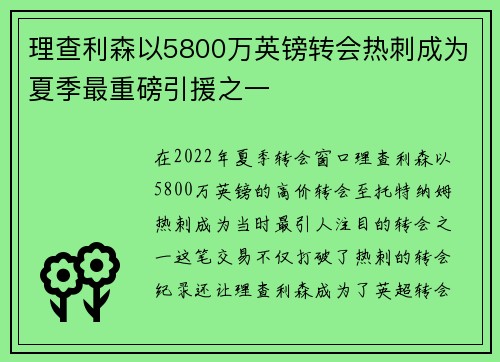 理查利森以5800万英镑转会热刺成为夏季最重磅引援之一